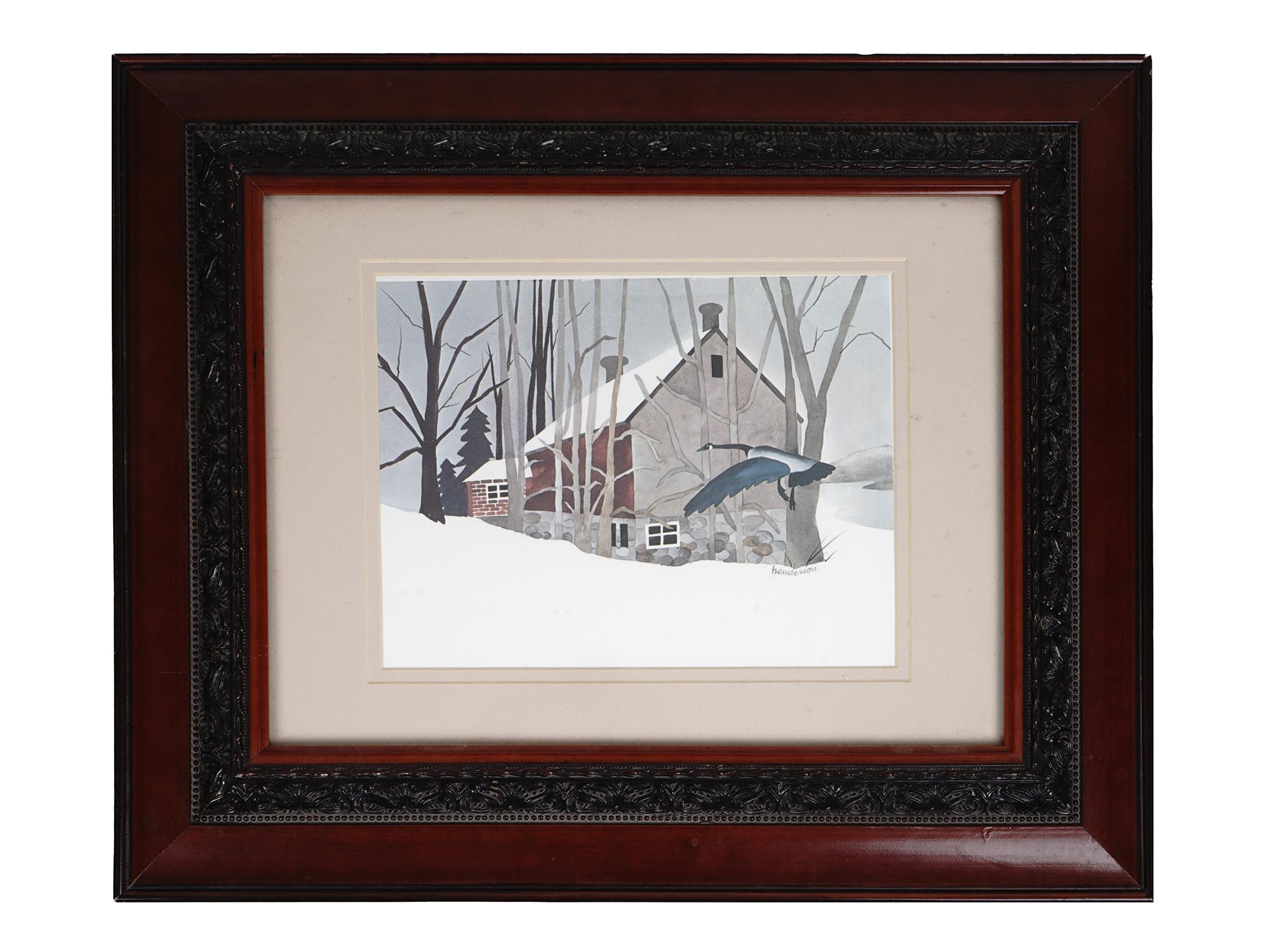 COLOR PRINT WINTER COUNTRY HOUSE SIGNED HENDERSON PIC-0